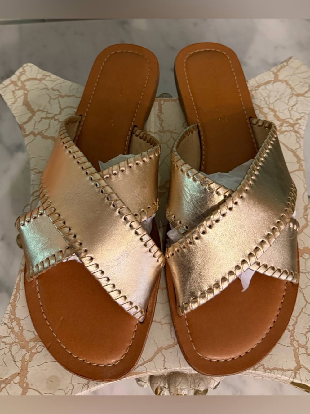 Jack Rogers Metallic Rose Gold Crisscross Slide Sandals